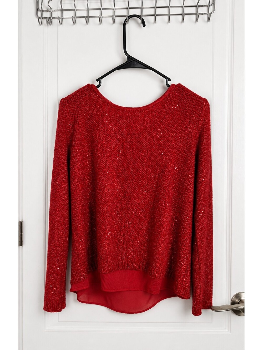 Verve Ami Red Sequin Layered Sweater Blouse Size Medium Open Back Sparkle Top